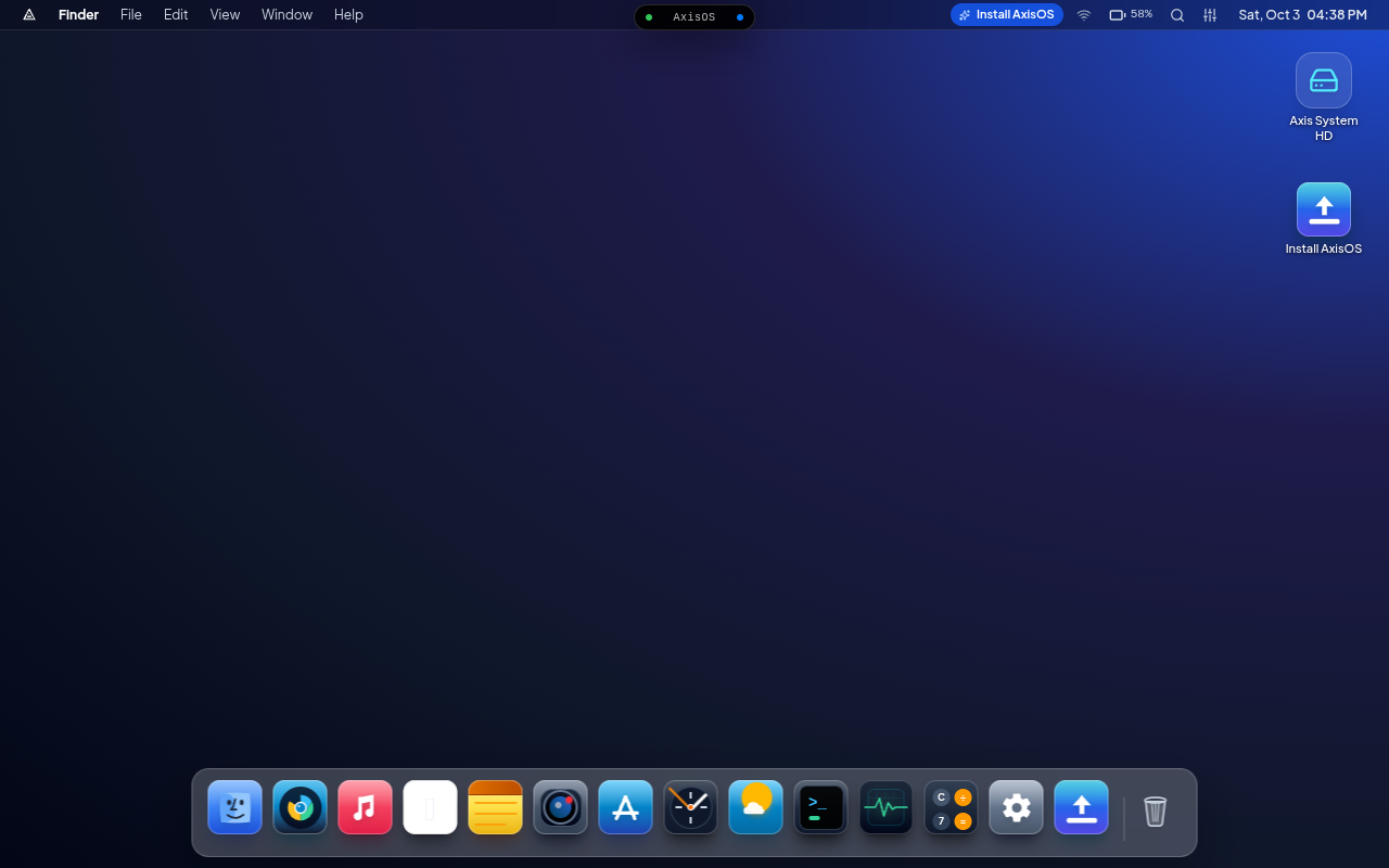 AxisOS desktop with its top bar, desktop shortcuts, and application dock