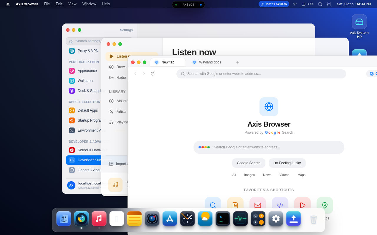 AxisOS browser window layered over system settings and the music player